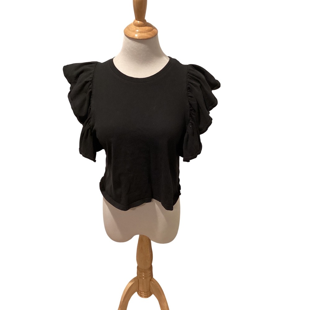 ZARA‎ Black Ruffle Sleeve Cropped Tee Shirt Women's Size S